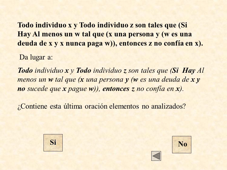 Todo individuo x y Todo individuo z son tales que (Si Hay Al menos un w tal que (x una persona y (w es una deuda de x y x nunca paga w)), entonces z no confía en x).