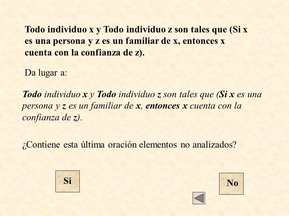 Todo individuo x y Todo individuo z son tales que (Si x es una persona y z es un familiar de x, entonces x cuenta con la confianza de z).