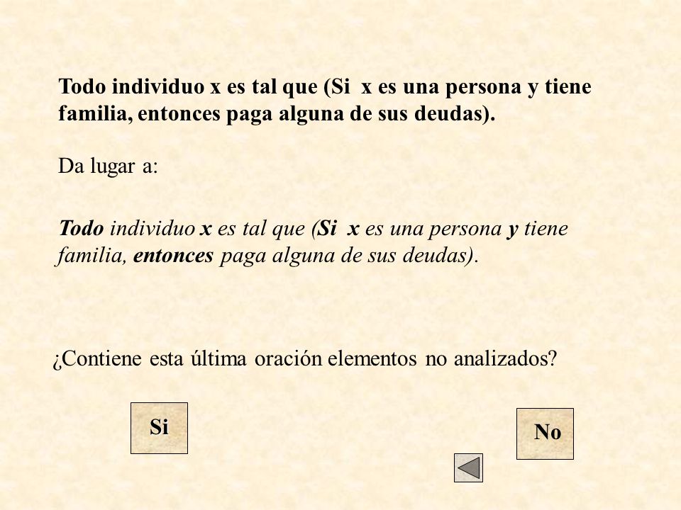 Todo individuo x es tal que (Si x es una persona y tiene familia, entonces paga alguna de sus deudas).