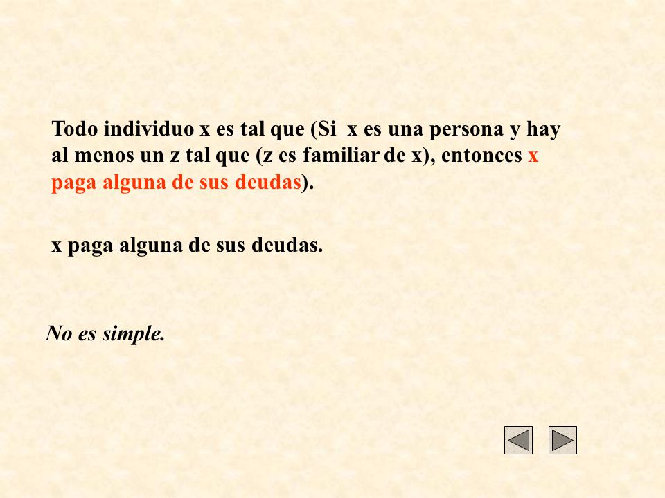 Todo individuo x es tal que (Si x es una persona y hay al menos un z tal que (z es familiar de x), entonces x paga alguna de sus deudas).