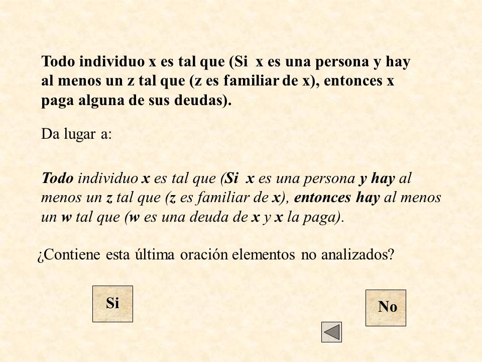 Todo individuo x es tal que (Si x es una persona y hay al menos un z tal que (z es familiar de x), entonces x paga alguna de sus deudas).