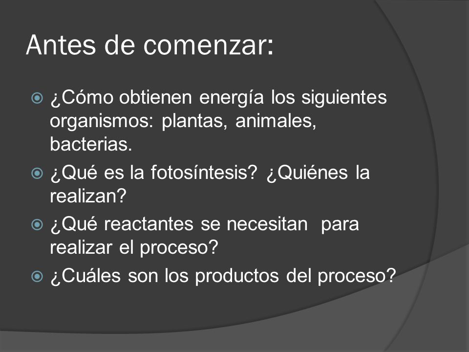 Antes de comenzar: ¿Cómo obtienen energía los siguientes organismos: plantas, animales, bacterias. ¿Qué es la fotosíntesis ¿Quiénes la realizan