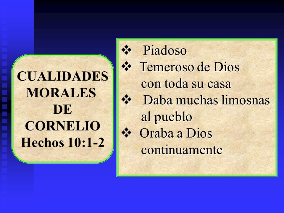 Piadoso Temeroso de Dios. con toda su casa. Daba muchas limosnas. al pueblo. Oraba a Dios. continuamente.