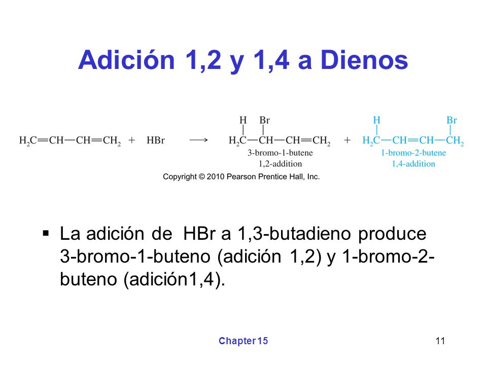 Adición 1,2 y 1,4 a Dienos La adición de HBr a 1,3-butadieno produce 3-bromo-1-buteno (adición 1,2) y 1-bromo-2-buteno (adición1,4).
