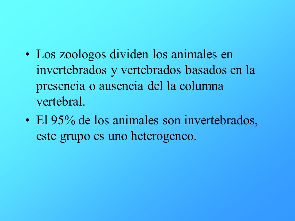 Los zoologos dividen los animales en invertebrados y vertebrados basados en la presencia o ausencia del la columna vertebral.