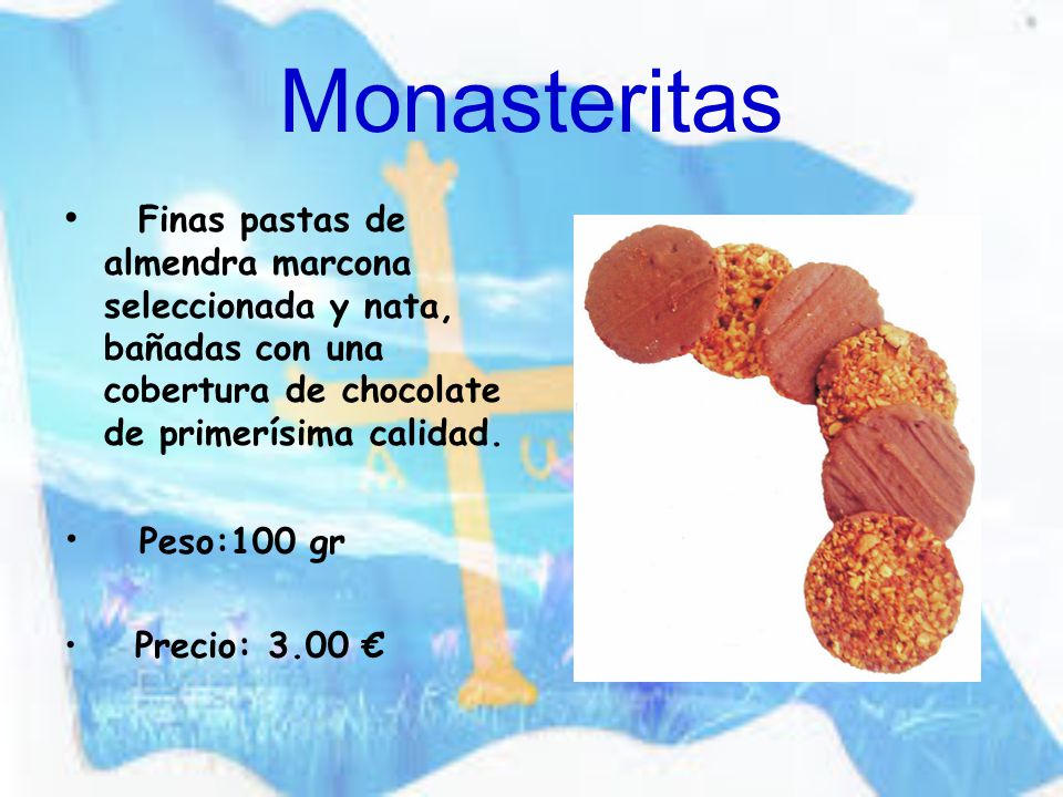 Monasteritas Finas pastas de almendra marcona seleccionada y nata, bañadas con una cobertura de chocolate de primerísima calidad.