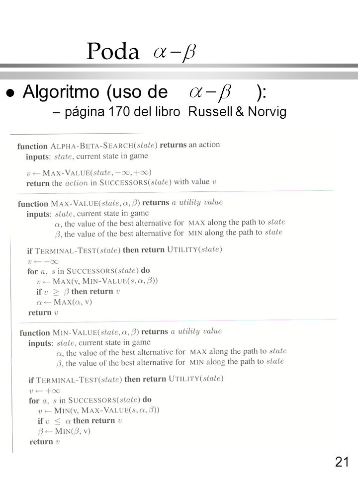Poda Algoritmo (uso de ): página 170 del libro Russell & Norvig