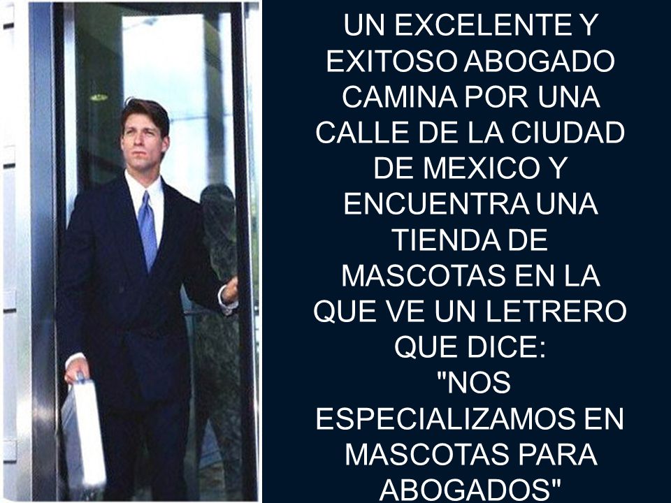 UN EXCELENTE Y EXITOSO ABOGADO CAMINA POR UNA CALLE DE LA CIUDAD DE MEXICO Y ENCUENTRA UNA TIENDA DE MASCOTAS EN LA QUE VE UN LETRERO QUE DICE: NOS ESPECIALIZAMOS EN MASCOTAS PARA ABOGADOS