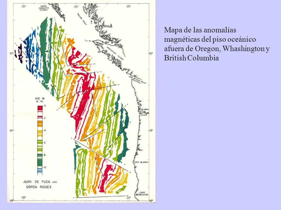 Mapa de las anomalías magnéticas del piso oceánico afuera de Oregon, Whashington y British Columbia