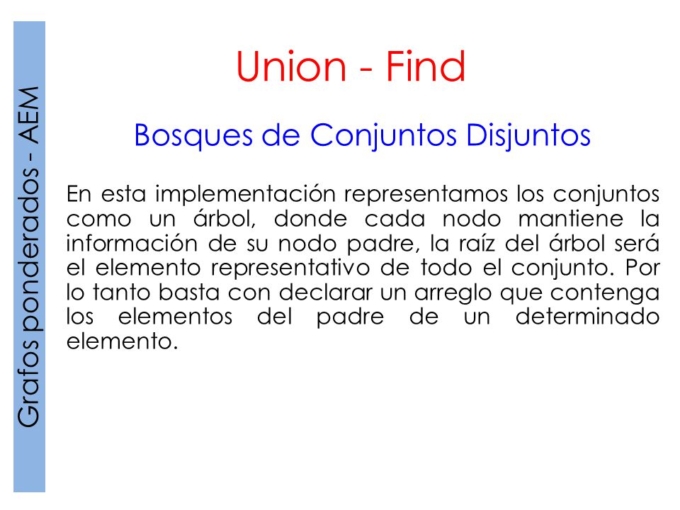 Union - Find Bosques de Conjuntos Disjuntos Grafos ponderados - AEM