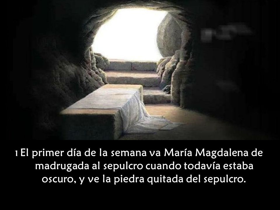1 El primer día de la semana va María Magdalena de madrugada al sepulcro cuando todavía estaba oscuro, y ve la piedra quitada del sepulcro.