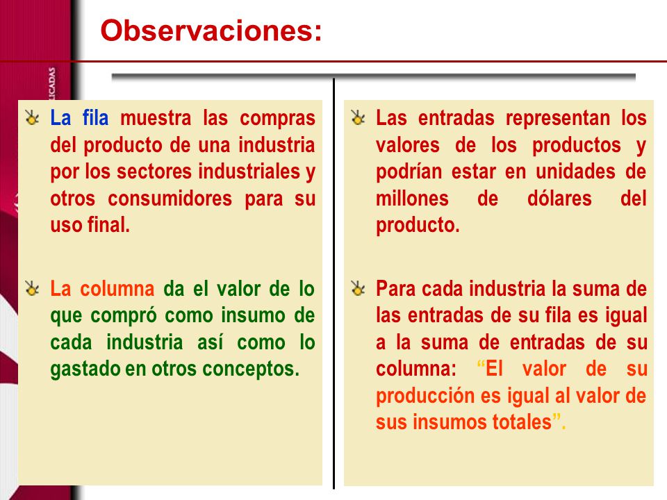 Observaciones: La fila muestra las compras del producto de una industria por los sectores industriales y otros consumidores para su uso final.