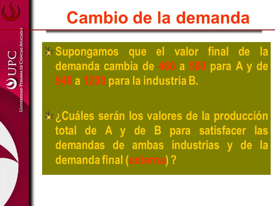 Cambio de la demanda Supongamos que el valor final de la demanda cambia de 460 a 500 para A y de 940 a 1200 para la industria B.