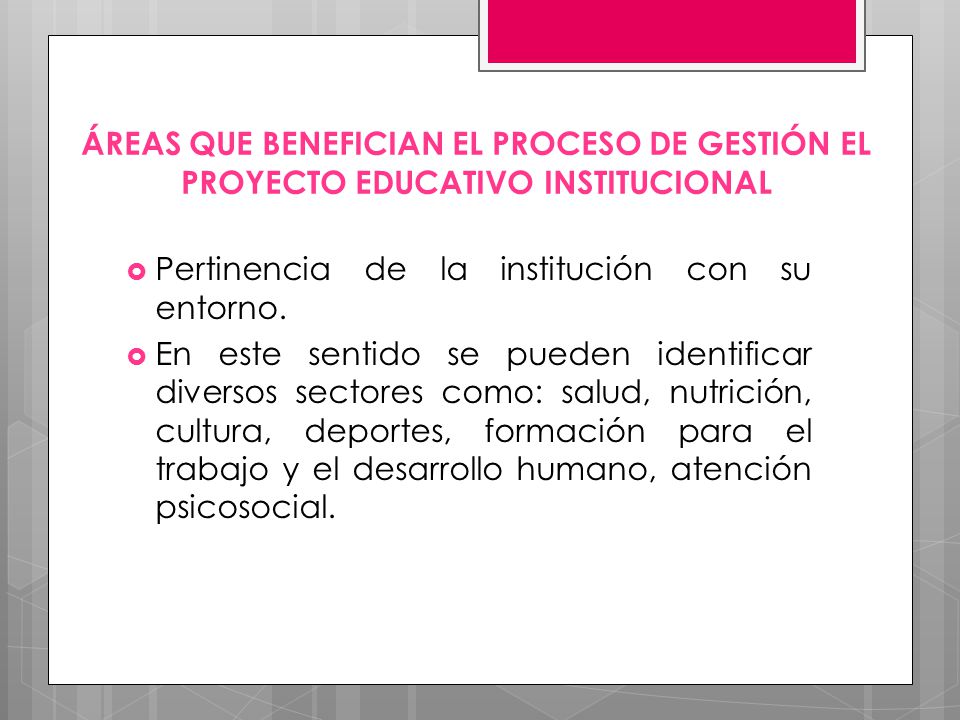 ÁREAS QUE BENEFICIAN EL PROCESO DE GESTIÓN EL PROYECTO EDUCATIVO INSTITUCIONAL