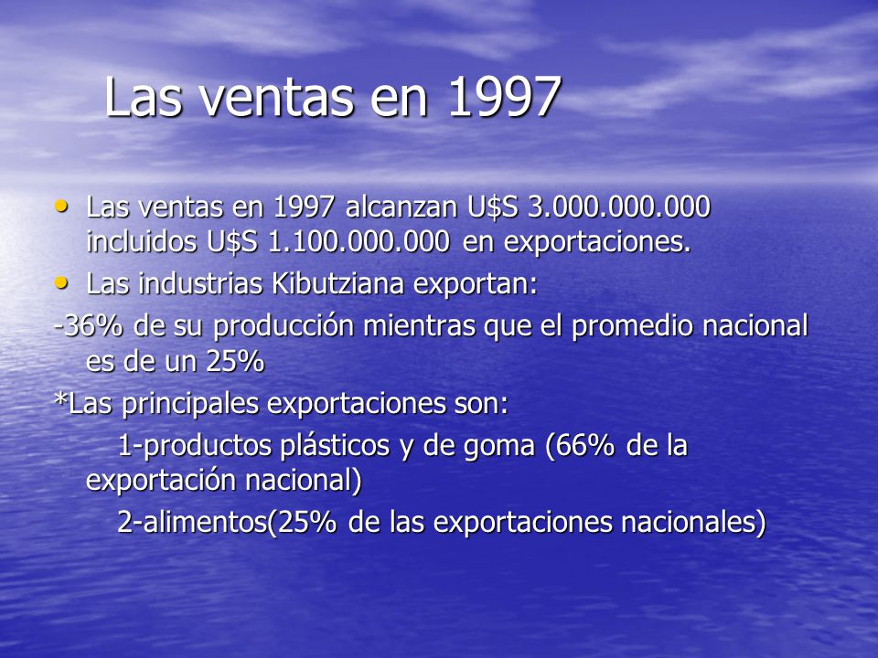 Las ventas en 1997 Las ventas en 1997 alcanzan U$S incluidos U$S en exportaciones.
