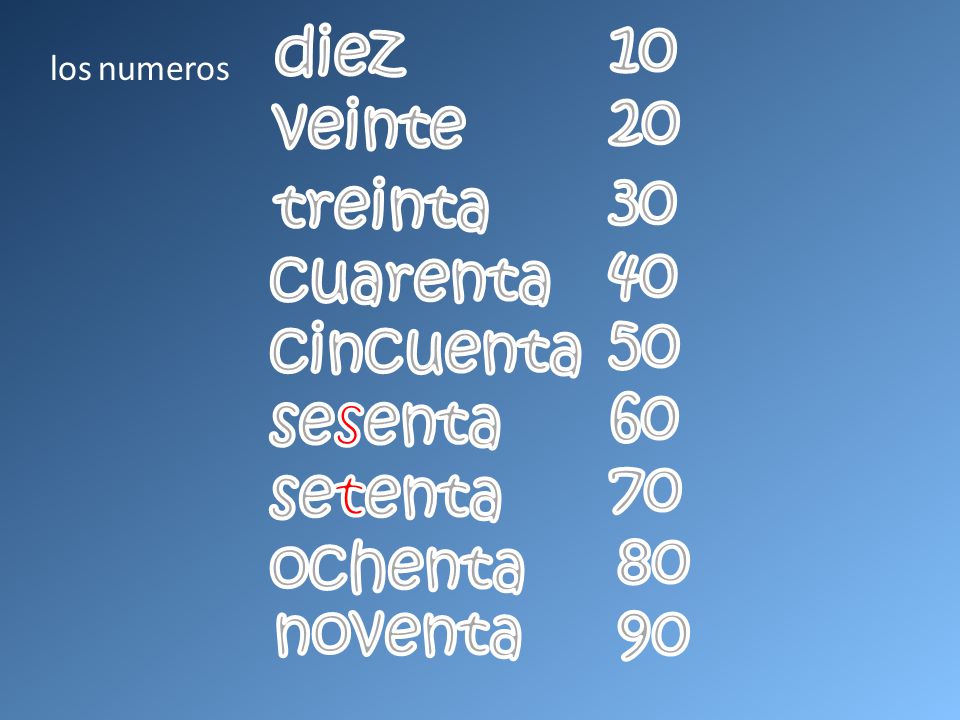 10 diez 20 veinte 30 treinta 40 cuarenta 50 cincuenta 60 sesenta 70