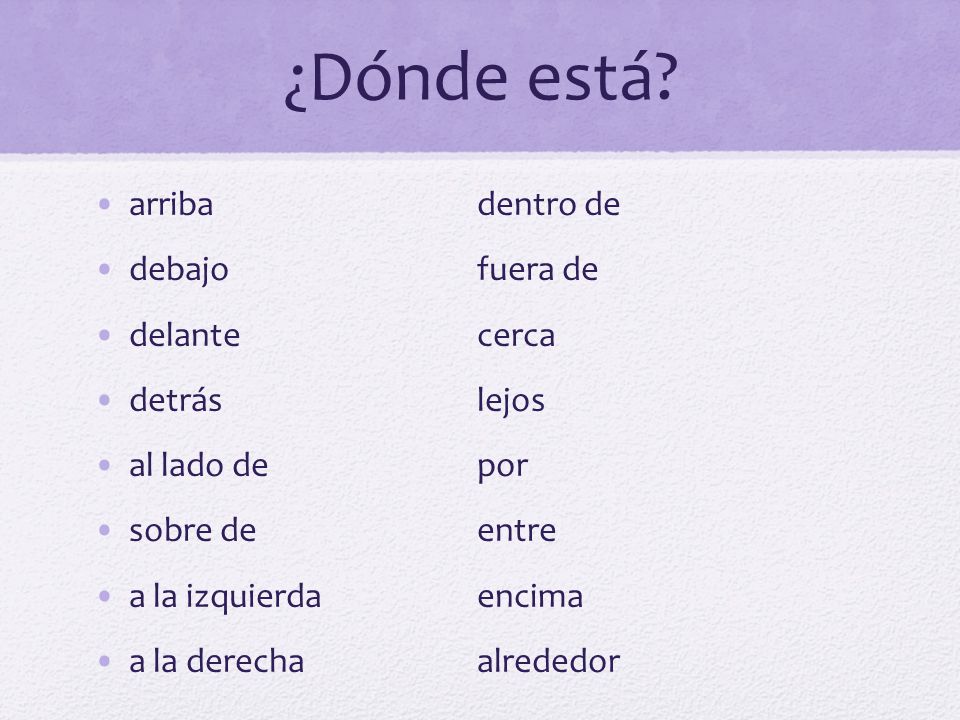 ¿Dónde está arriba dentro de debajo fuera de delante cerca