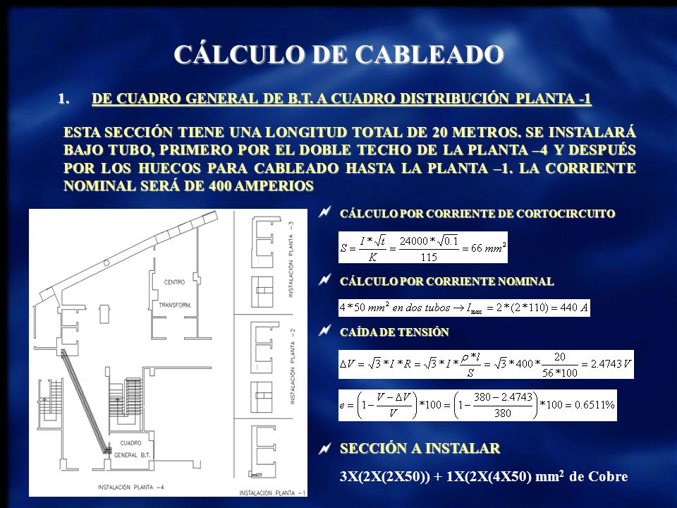 CÁLCULO DE CABLEADO 1. DE CUADRO GENERAL DE B.T. A CUADRO DISTRIBUCIÓN PLANTA -1.