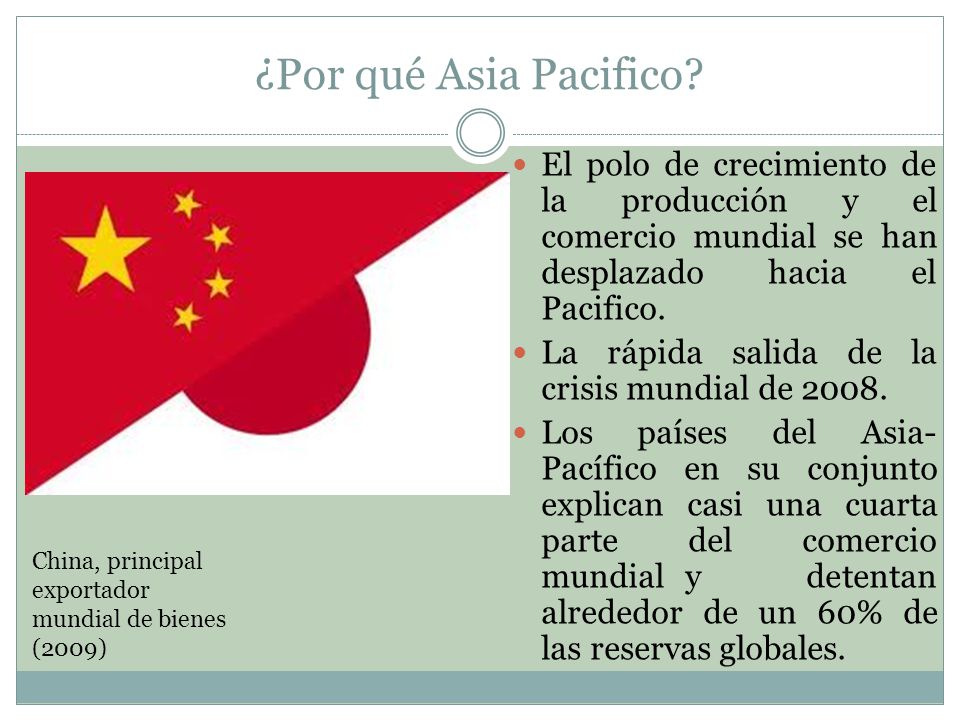¿Por qué Asia Pacifico El polo de crecimiento de la producción y el comercio mundial se han desplazado hacia el Pacifico.
