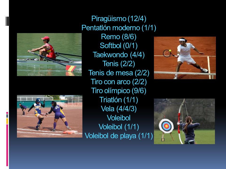 Piragüismo (12/4) Pentatlón moderno (1/1) Remo (8/6) Softbol (0/1) Taekwondo (4/4) Tenis (2/2) Tenis de mesa (2/2) Tiro con arco (2/2) Tiro olímpico (9/6) Triatlón (1/1) Vela (4/4/3) Voleibol Voleibol (1/1) Voleibol de playa (1/1)