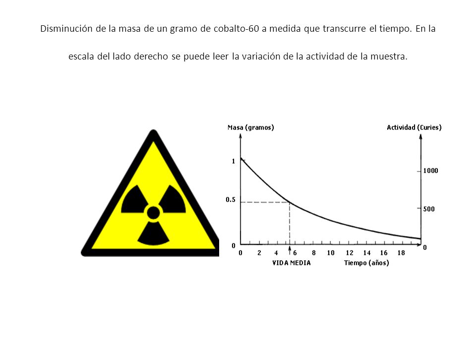 Disminución de la masa de un gramo de cobalto-60 a medida que transcurre el tiempo.