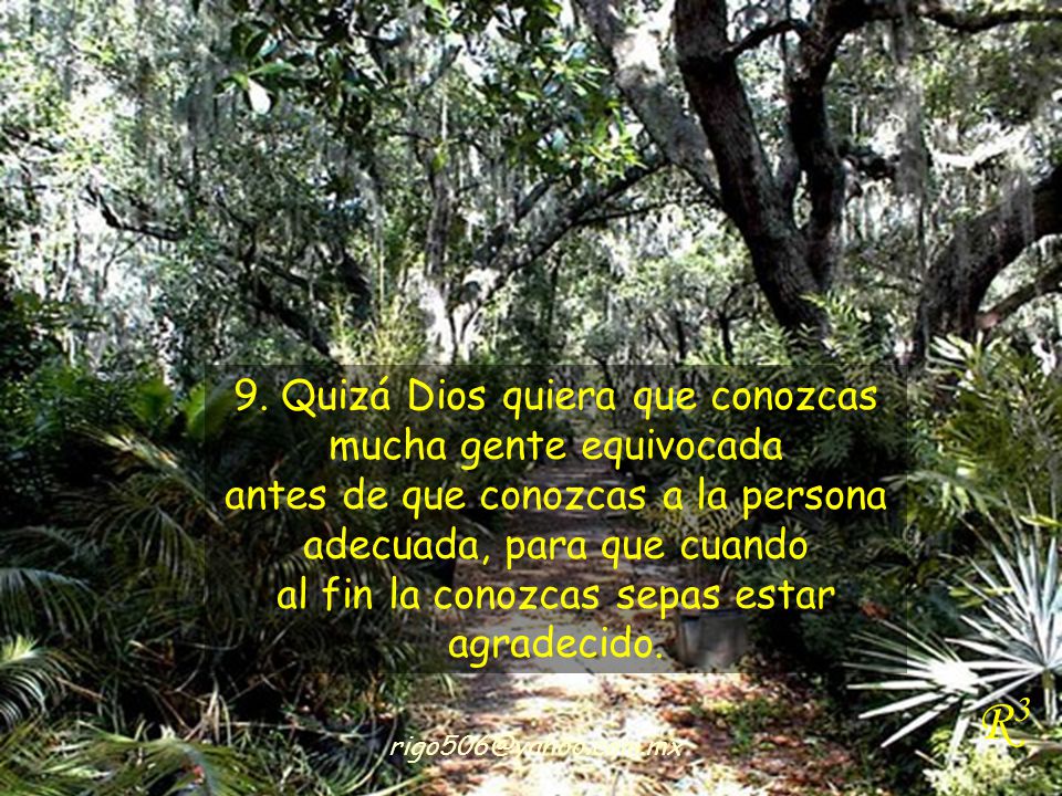 9. Quizá Dios quiera que conozcas mucha gente equivocada antes de que conozcas a la persona adecuada, para que cuando al fin la conozcas sepas estar agradecido.