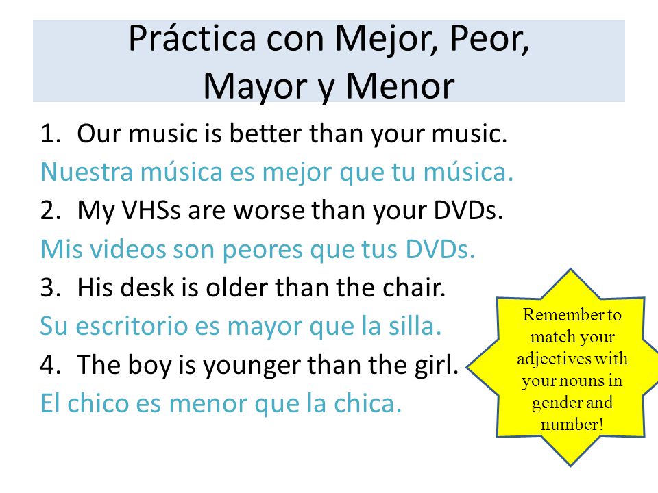 Práctica con Mejor, Peor, Mayor y Menor