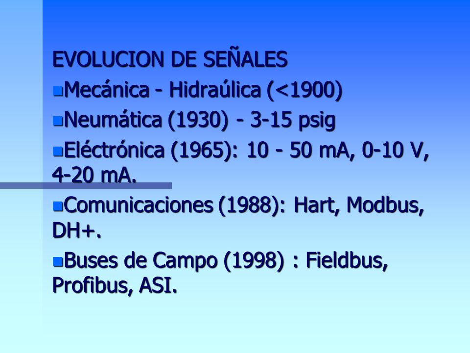 EVOLUCION DE SEÑALES Mecánica - Hidraúlica (<1900) Neumática (1930) psig. Eléctrónica (1965): mA, 0-10 V, 4-20 mA.