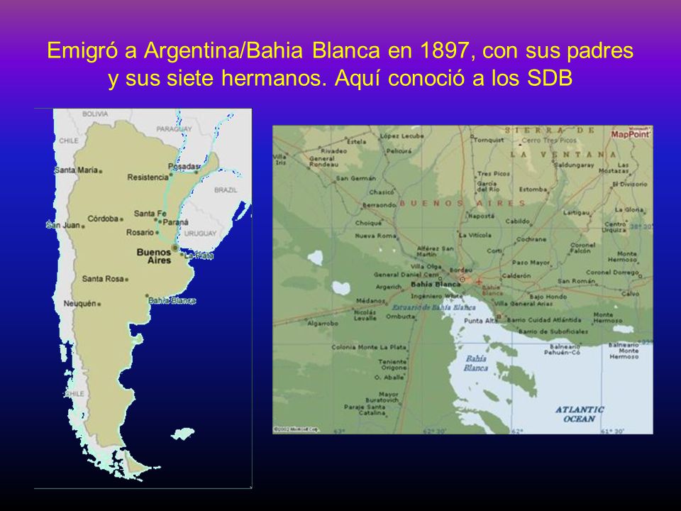 Emigró a Argentina/Bahia Blanca en 1897, con sus padres y sus siete hermanos. Aquí conoció a los SDB