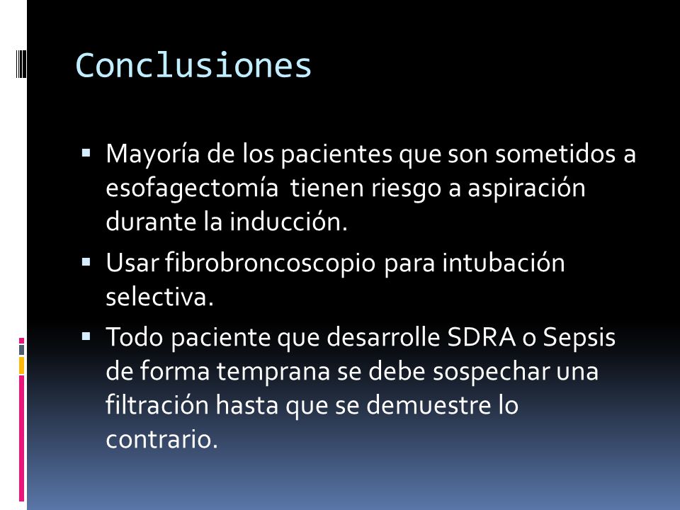 Conclusiones Mayoría de los pacientes que son sometidos a esofagectomía tienen riesgo a aspiración durante la inducción.