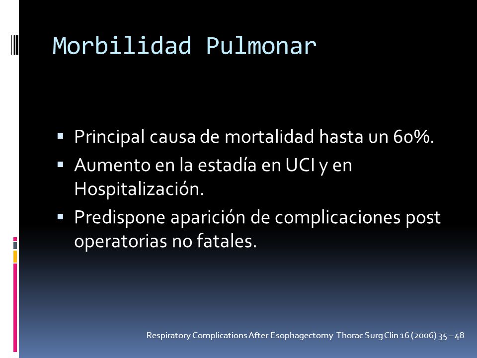 Morbilidad Pulmonar Principal causa de mortalidad hasta un 60%.
