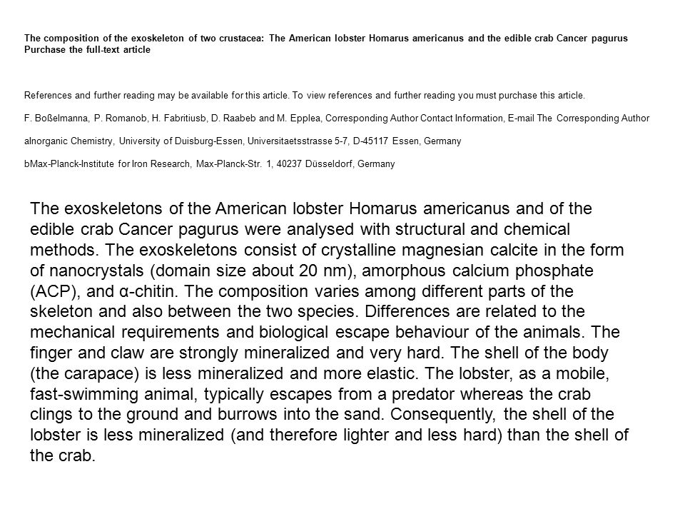 The composition of the exoskeleton of two crustacea: The American lobster Homarus americanus and the edible crab Cancer pagurus