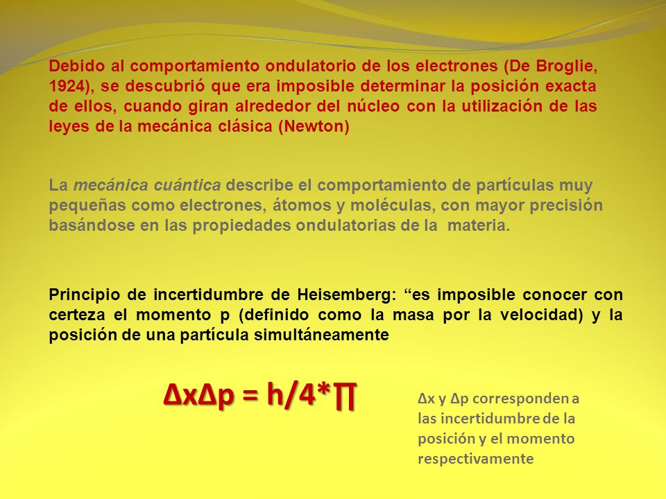 Debido al comportamiento ondulatorio de los electrones (De Broglie, 1924), se descubrió que era imposible determinar la posición exacta de ellos, cuando giran alrededor del núcleo con la utilización de las leyes de la mecánica clásica (Newton)