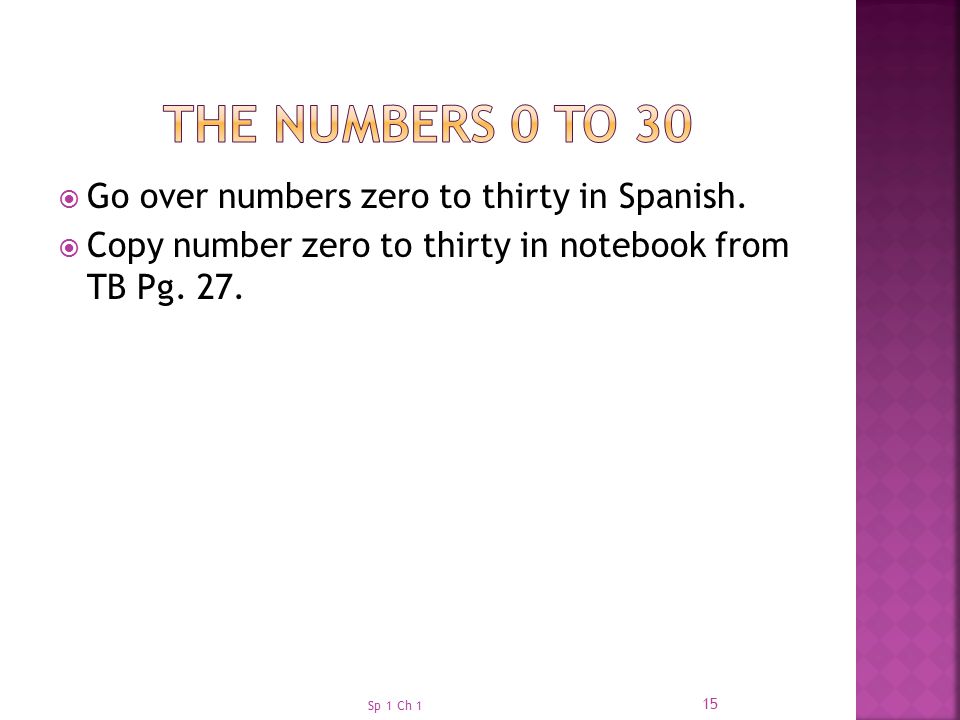 The numbers 0 to 30 Go over numbers zero to thirty in Spanish.