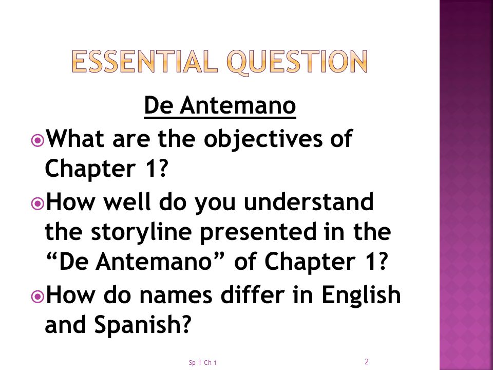 Essential Question De Antemano What are the objectives of Chapter 1