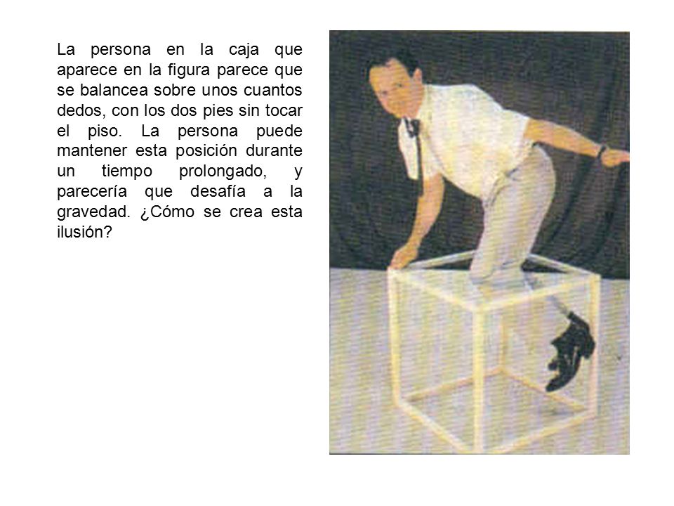 La persona en la caja que aparece en la figura parece que se balancea sobre unos cuantos dedos, con los dos pies sin tocar el piso.
