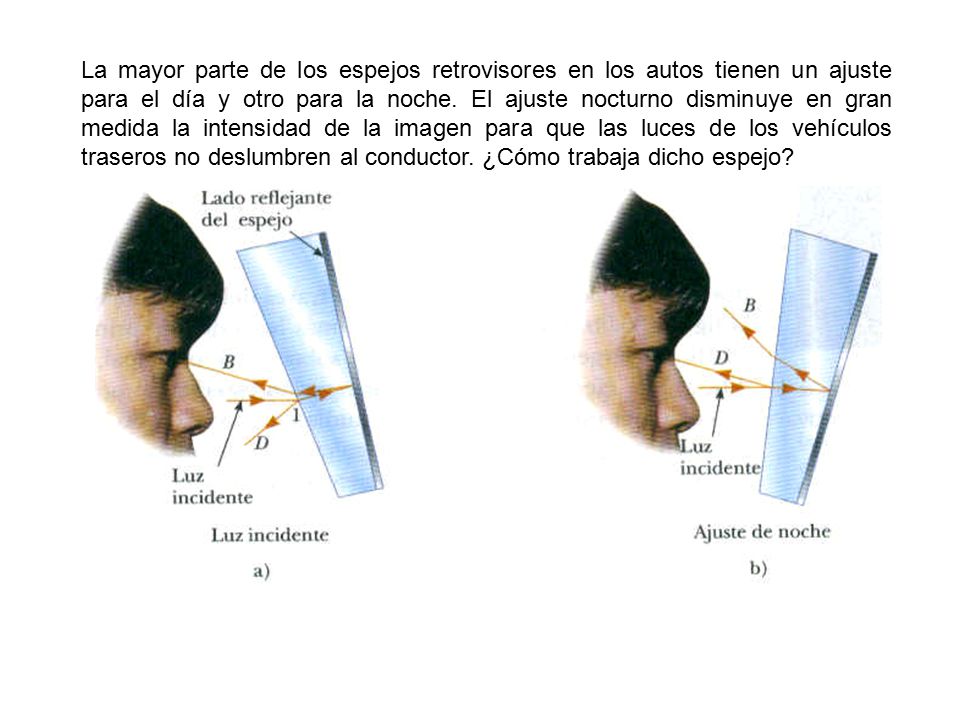 La mayor parte de los espejos retrovisores en los autos tienen un ajuste para el día y otro para la noche.