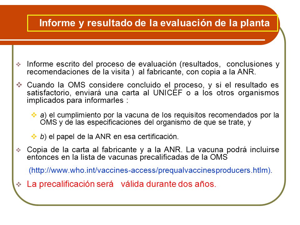 Informe y resultado de la evaluación de la planta