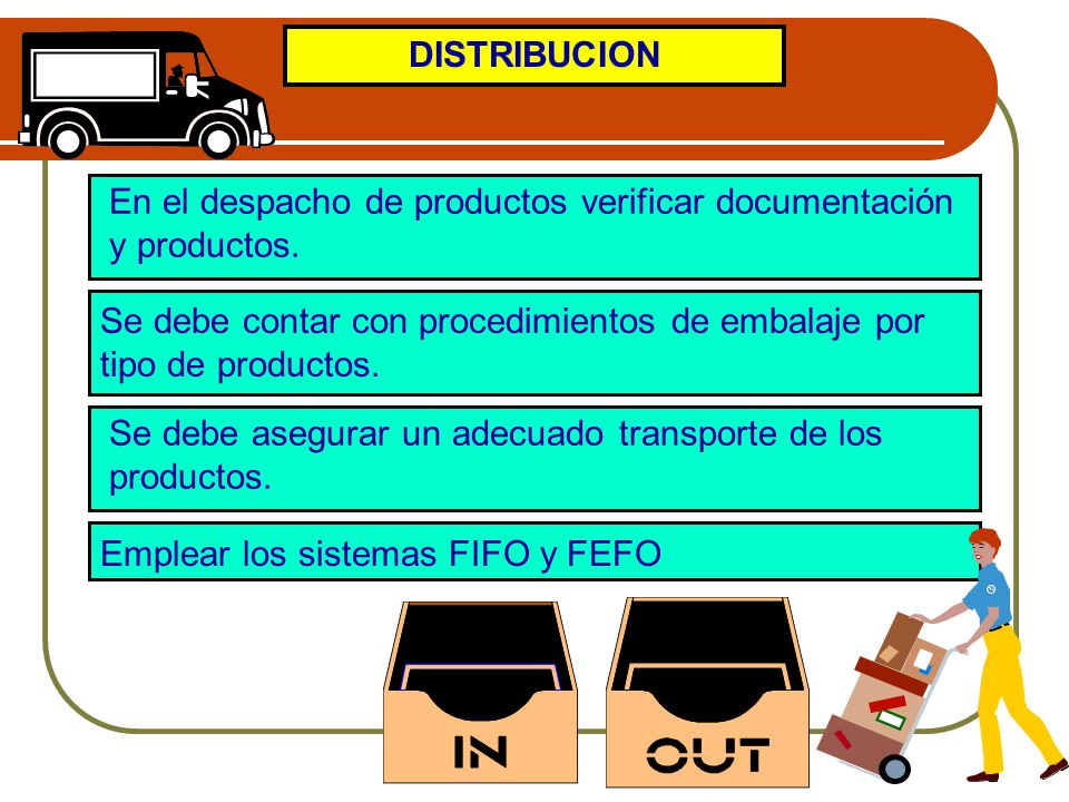 DISTRIBUCION En el despacho de productos verificar documentación. y productos. Se debe contar con procedimientos de embalaje por.