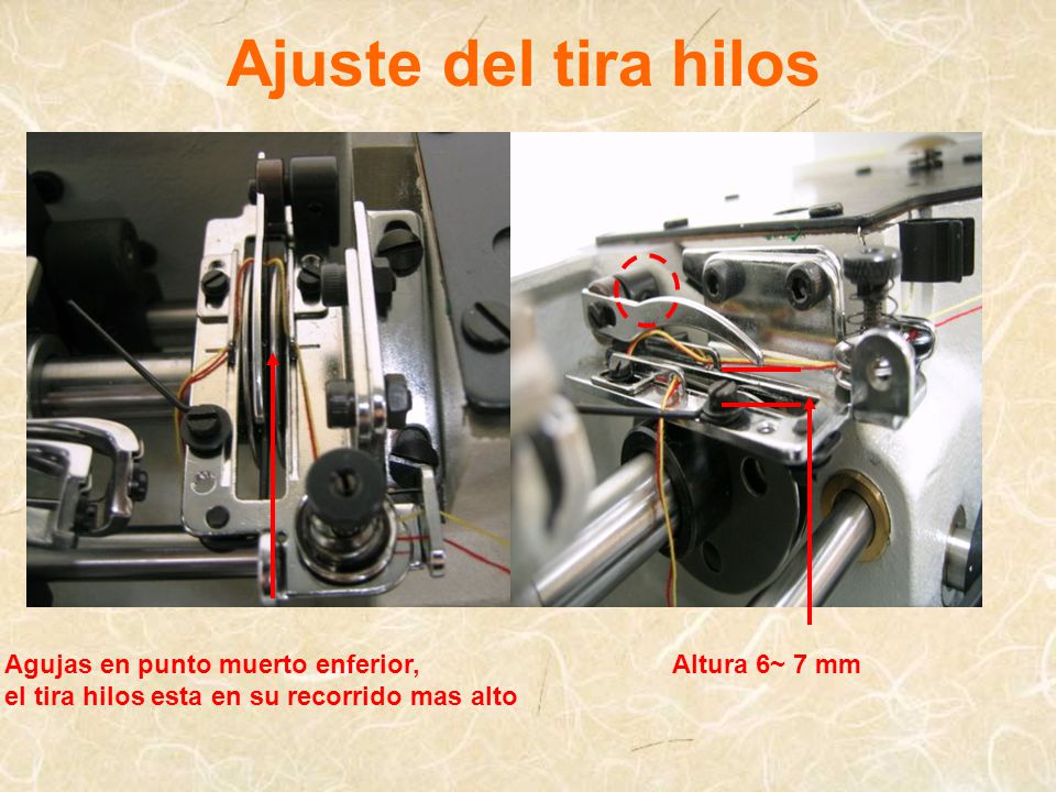 Ajuste del tira hilos Agujas en punto muerto enferior,