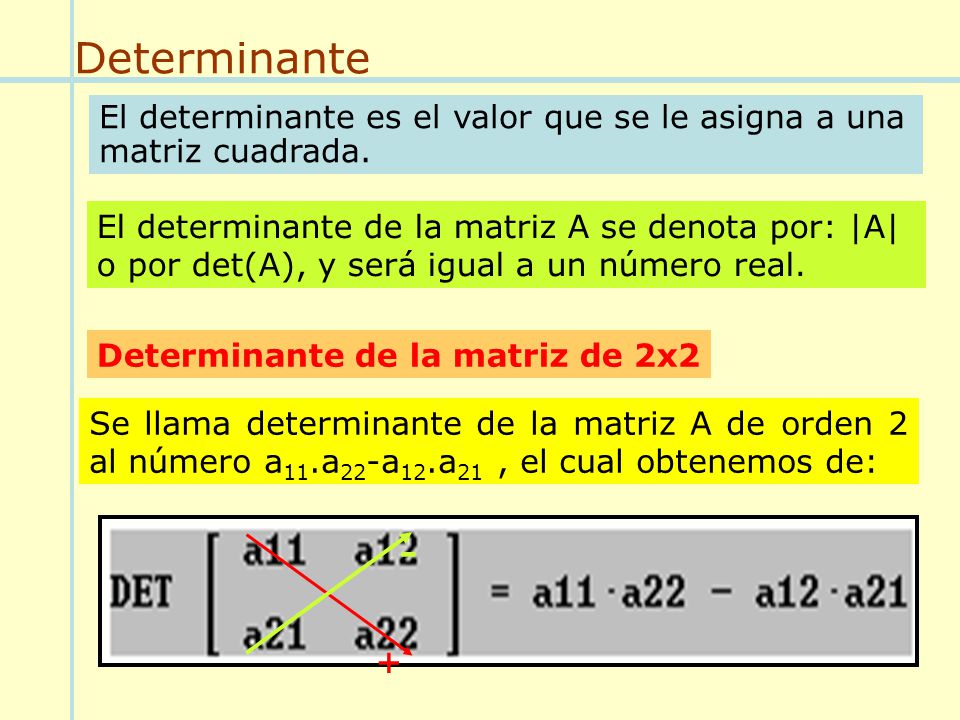 Determinante El determinante es el valor que se le asigna a una matriz cuadrada.