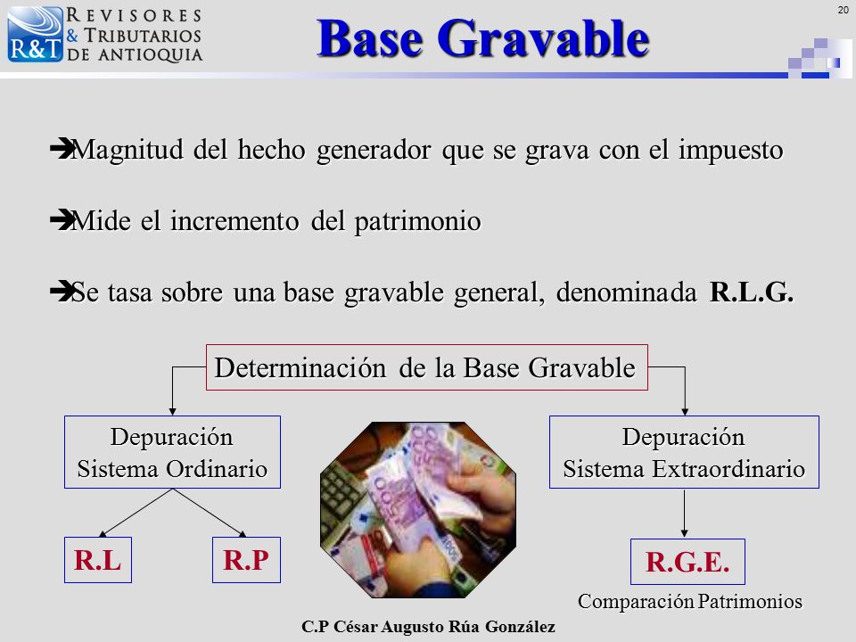 Base Gravable Magnitud del hecho generador que se grava con el impuesto. Mide el incremento del patrimonio.