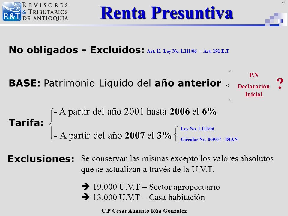 Renta Presuntiva A partir del año 2001 hasta 2006 el 6%