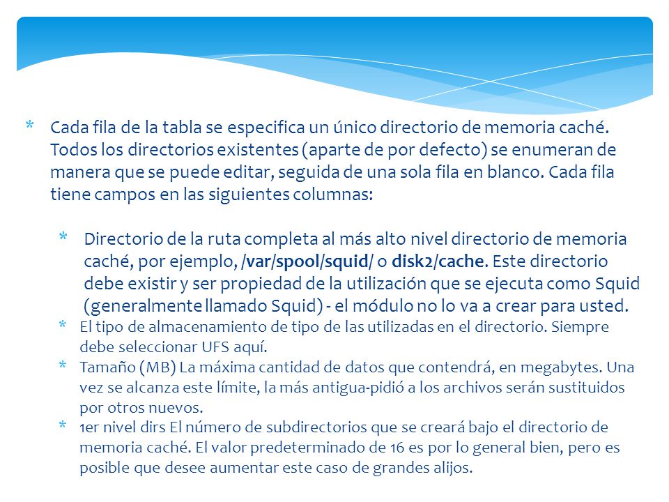 Cada fila de la tabla se especifica un único directorio de memoria caché. Todos los directorios existentes (aparte de por defecto) se enumeran de manera que se puede editar, seguida de una sola fila en blanco. Cada fila tiene campos en las siguientes columnas: