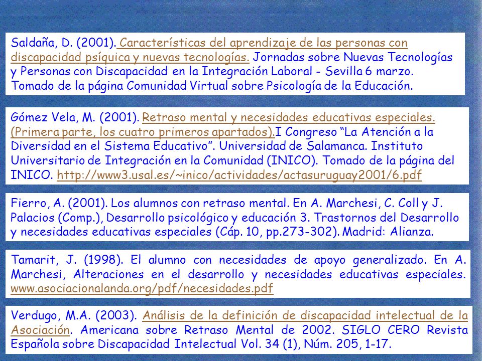 Saldaña, D. (2001). Características del aprendizaje de las personas con discapacidad psíquica y nuevas tecnologías. Jornadas sobre Nuevas Tecnologías y Personas con Discapacidad en la Integración Laboral - Sevilla 6 marzo. Tomado de la página Comunidad Virtual sobre Psicología de la Educación.