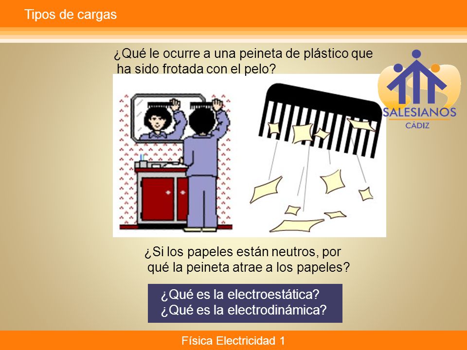 Tipos de cargas ¿Qué le ocurre a una peineta de plástico que. ha sido frotada con el pelo ¿Si los papeles están neutros, por.