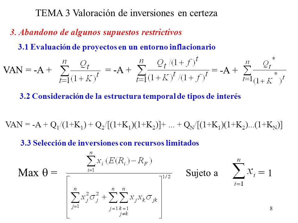 Max  = = 1 TEMA 3 Valoración de inversiones en certeza VAN = -A +