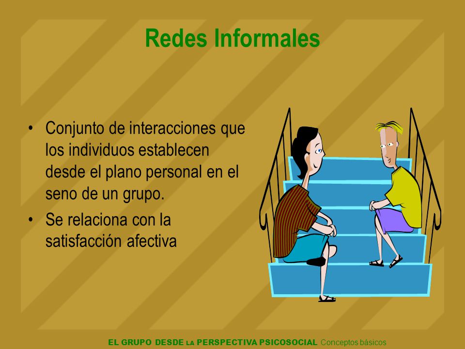 Redes Informales Conjunto de interacciones que los individuos establecen desde el plano personal en el seno de un grupo.