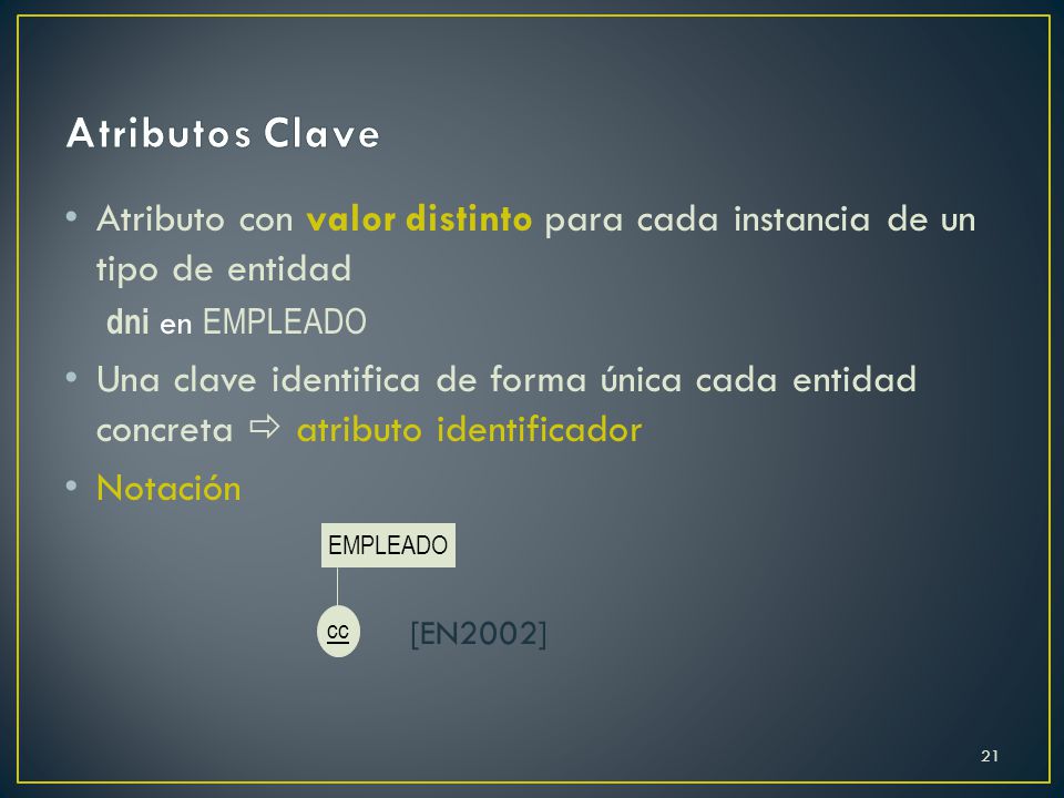 Atributos Clave Atributo con valor distinto para cada instancia de un tipo de entidad. dni en EMPLEADO.