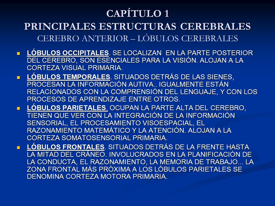 CAPÍTULO 1 PRINCIPALES ESTRUCTURAS CEREBRALES CEREBRO ANTERIOR – LÓBULOS CEREBRALES